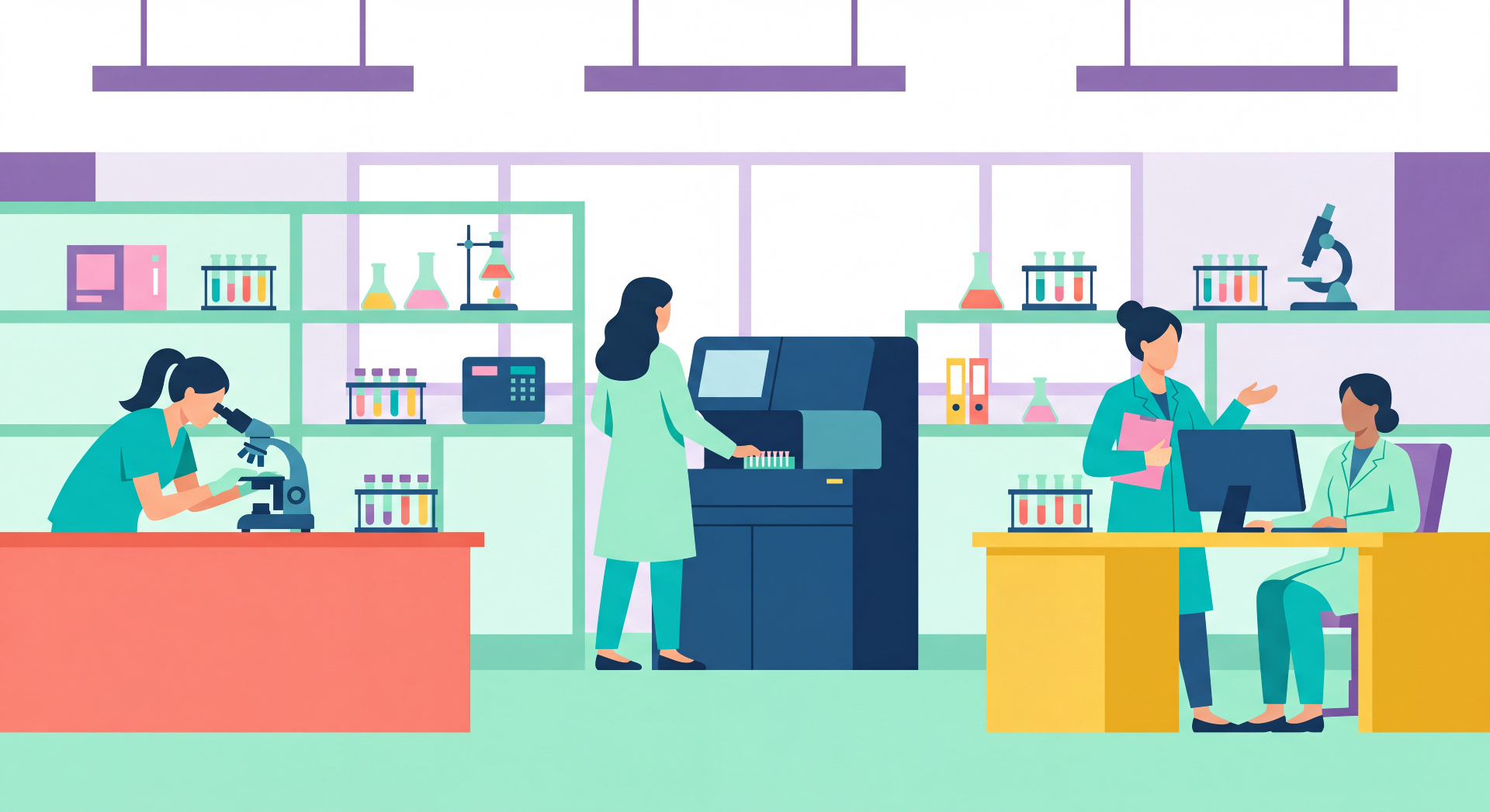 Illustration of a veterinary lab with technicians using a microscope, analyzer, and computer
