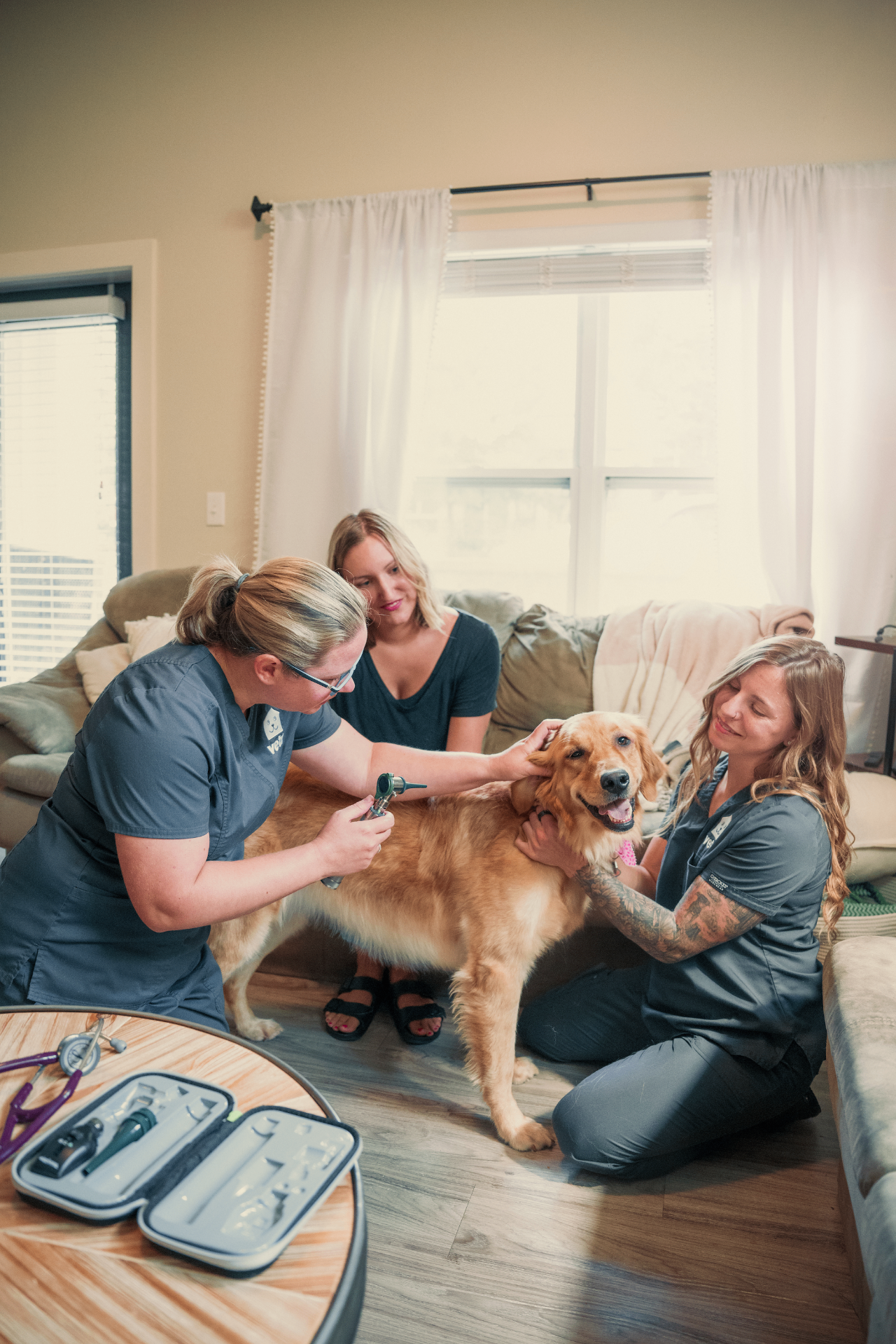 Happy mobile veterinarian in a cozy living room with a golden retriever, using the Vetr AI app on a tablet